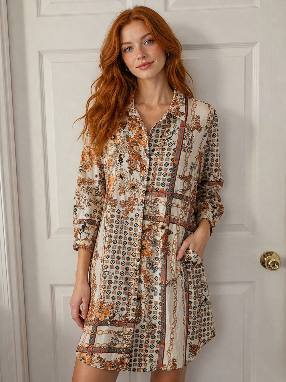 Button-Down Retro Scarf Print Shirt Dress in Cream and Burnt Orange XL